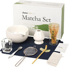 Matcha Whisk Set, Matcha Kit 10-Pcs, Bamboo Whisk and Bowl with Spout & Measuring Spoon & Glass, Japanese Tea Making Tools, White