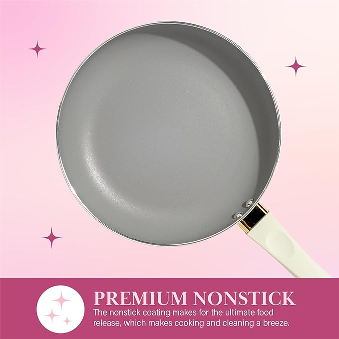 Paris Hilton Epic Nonstick Pots and Pans Set, Multi-layer Nonstick Coating, Tempered Glass Lids, Soft Touch, Stay Cool Handles, Made without PFOA, Dishwasher Safe Cookware Set, 12-Piece, Cream
