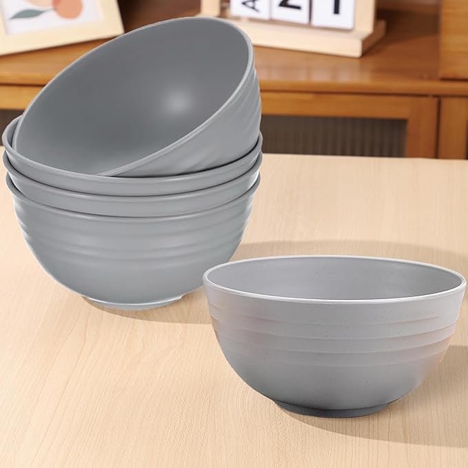 Unbreakable Wheat Straw Cereal Bowls Set of 4, 24 OZ Microwave and Dishwasher Safe Lightweight Soup and Salad Bowl Sets, Reusable Dessert Bowls for Rice, Pasta, Snack, Fruit, BPA Free (Gray)