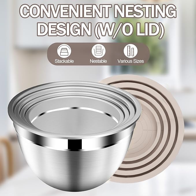 Stainles Steel Mixing Bowls with Lids Set, Stackable Metal Mixing & Serving Bowl with Strainer, 5-Piece - Beige