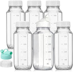 CUCUMI 6 Pack 16 Oz Glass Milk Bottles with Lids, Glass Juice Bottles with Scale & Silicone Pour Spout, Reusable Juice Containers Square Drinking Jars for Milk, Coffee, Smoothies, Water