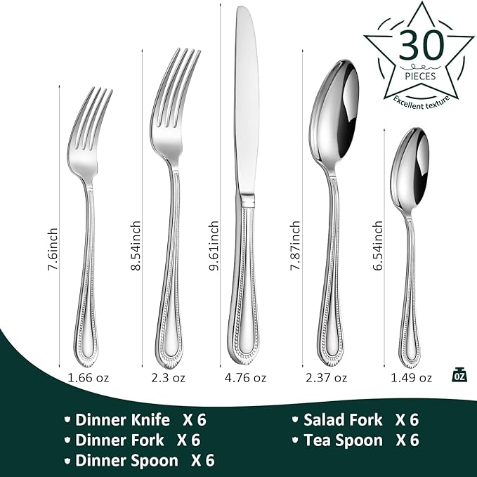 Lazycorner Silverware Set for 6, 30-Piece 18/10 Stainless Steel Flatware Set, Mirror Polished Modern Cutlery Set include Fork Knife Spoon Set(Dishwasher Safe)