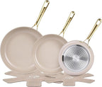 Chef Power Ceramic Frying Pan with Stainless Steel Handle 5Pcs Set, Non Stick Grill Pan Set, Dishwasher and Oven Safe, Taupe and Light Gold Handle