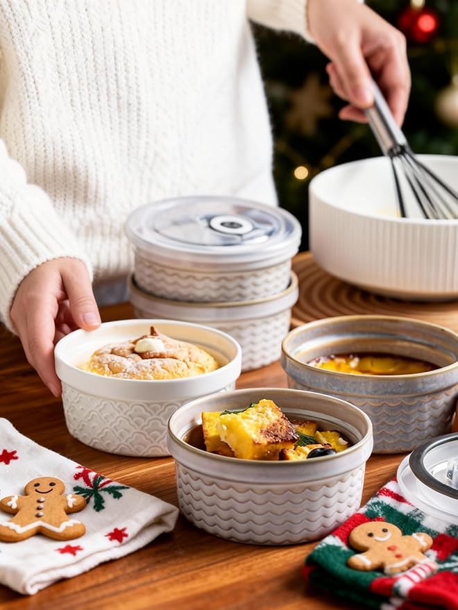 Ceramic Small Baking Dishes for Oven, 12oz Meal Prep Containers Charcuterie Bowls with Lids, Creme Brulee Ramekins Set, Pudding Custard Cups Fruit Souffle Bowls Set of 4, Grey Ripple
