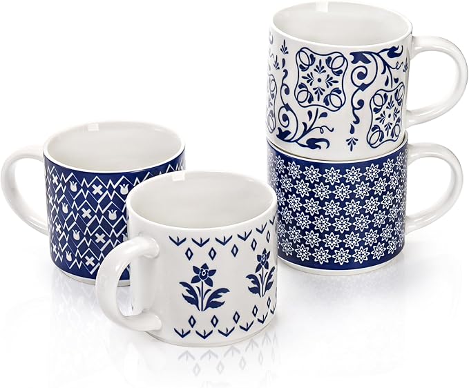 Eorbow 4 Pack Ceramic Coffee Mug Set with Rack, 16 OZ Stackable Cappuccino Cups with Metal Stand, Blue and White Porcelain Tea Mugs for Latte, Americano, Milk, Hot Cocoa, Beverages, Microwave Safe