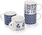 Eorbow 4 Pack Ceramic Coffee Mug Set with Rack, 16 OZ Stackable Cappuccino Cups with Metal Stand, Blue and White Porcelain Tea Mugs for Latte, Americano, Milk, Hot Cocoa, Beverages, Microwave Safe