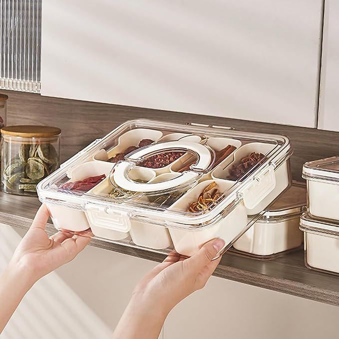 Plastic Divided Serving Tray with Lid and Handle Snack Box Charcuterie Container Portable Snack Platters Organizer for Candy, Fruits, Snacks, Nuts, for Party, Entertaining (White 8 compartments)