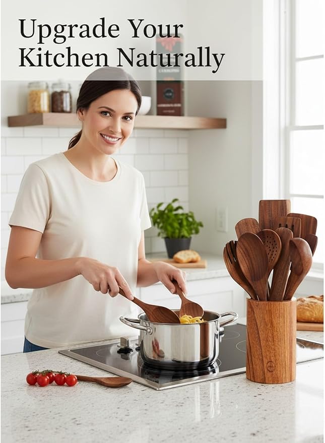 12-Piece Natural Teak Wood Utensil Set with Holder & Rest - Nonstick Cooking Spoons, Spurtles, Heat Resistant Tools