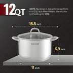 SUNHOUSE Stainless Steel Stock Pot - 12 Quart Heavy-Duty Induction Cooking Pot with Visible Lid for Pasta, Soup, Spaghetti - Nonstick Thick-Bottom Deep Stockpot for Canning, Boiling, and Simmering