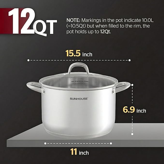 SUNHOUSE Stainless Steel Stock Pot - 12 Quart Heavy-Duty Induction Cooking Pot with Visible Lid for Pasta, Soup, Spaghetti - Nonstick Thick-Bottom Deep Stockpot for Canning, Boiling, and Simmering