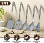 5Pcs Silicone Cooking Utensils Set, Heat Resistant Kitchen Tools Include Solid&Slotted Spatula, Cooking Spoon and Pasta Server, Silicone Kitchen Utensils set for Nonstick Cookware Flipping, Gray