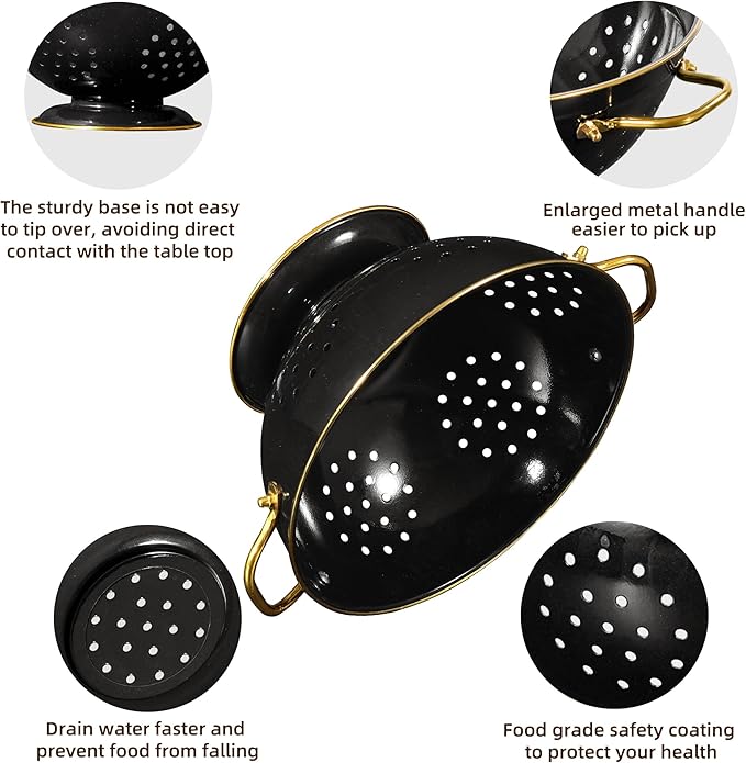 Metal Colander 2 Pack, 3.5 Quart Powder Coated Self-draining Solid Ring Base Metal Large Kitchen Pasta Vegetable Fruit Strainer with Handle (L-BLACK)