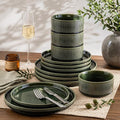 GBHOME 12-Piece Stoneware Dinnerware Set for 4 – Ribbed Ceramic Plates and Bowls, Scratch-Resistant, Microwave & Dishwasher Safe, Reactive Glaze, Mossed Jade