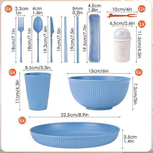 66pcs Unbreakable Tableware Sets for 6 People, Plastic Plates and Bowls Set,Lightweight Plastic Reusable Plates, Bowls, Cups,Cutlery Set, Straw, Forks,Children Dinnerware Set