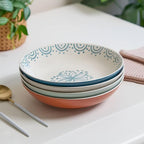 Sango 4-Piece Speckled Stoneware Pasta Bowl Set- Wide Shallow Dinner Bowls with Hand-Painted Rustic Design, Farmhouse Glossy Large Ceramic Bowls for Pasta, Salad & Everyday Meal, Siterra Glazed Garden