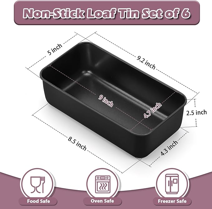 P&P CHEF Loaf Pan Set, 9 x 5 Inch Bread Pans, Stainless Steel Loaf Toast Baking Pans For Bread Meatloaf Lasagna Cake, Healthy & Non Toxic, Oven Safe& Easy Clean, (Black, 6Pcs)