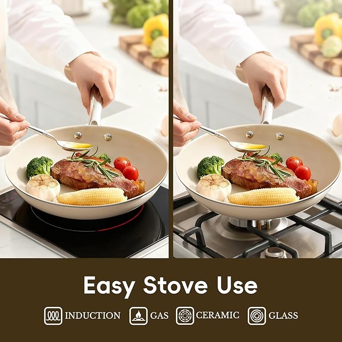 Ceramic Non Stick Egg Pans, Nonstick Frying Pan Skillet,8 inch Cooking Pan Non Toxic,Induction Suitable，PFAS-Free Cookware, Dishwasher Safe, Oven and Broiler Safe (Cream White, 8 Inch)