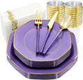 KIRE 140Pcs Purple Plastic Plates with Gold Rim& Gold Disposable Plastic Silverware with Handle&Clear Cups&Hand Napkin- Geometric Purple Plastic Plates for Parties & Mardi Gras