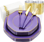 KIRE 140Pcs Purple Plastic Plates with Gold Rim& Gold Disposable Plastic Silverware with Handle&Clear Cups&Hand Napkin- Geometric Purple Plastic Plates for Parties & Mardi Gras