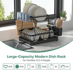 2 Tier Dish Rack, Carbon Steel Dish Drying Rack for Kitchen Organization & Storage, Countertop / Sink Dish Rack with Automatic Drain Tray, Large Capacity Black Dish Rack - Essential Home Kitchen Item