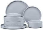 E-far 8-Piece Plates and Bowls Sets - Stoneware Dinnerware Sets with Pasta Bowls for 2 | Microwave & Dishwasher Safe Kitchen Modern Dish Set, Speckled Gray