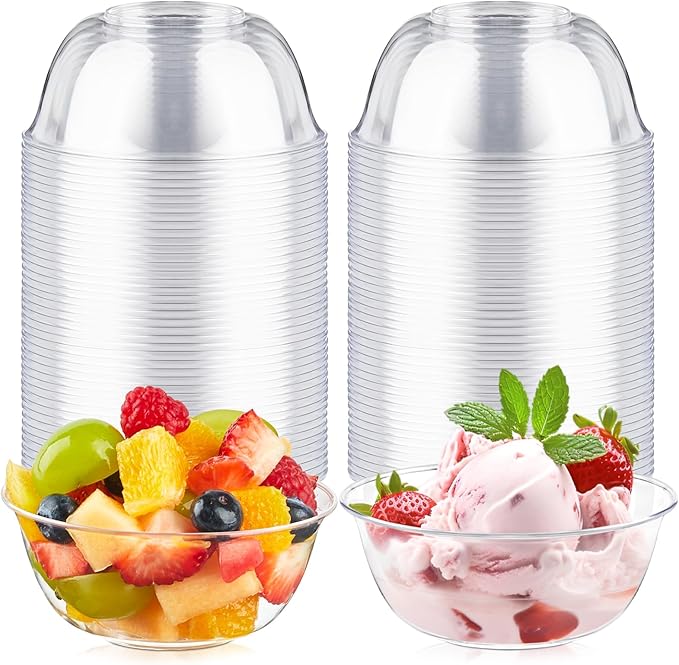 Qeirudu 10 oz Small Clear Plastic Bowls, 100 Pack Disposable Hard Plastic Party Serving Bowls for Salads, Ice Creams, Fruit, Desserts, Parfaits, Snacks
