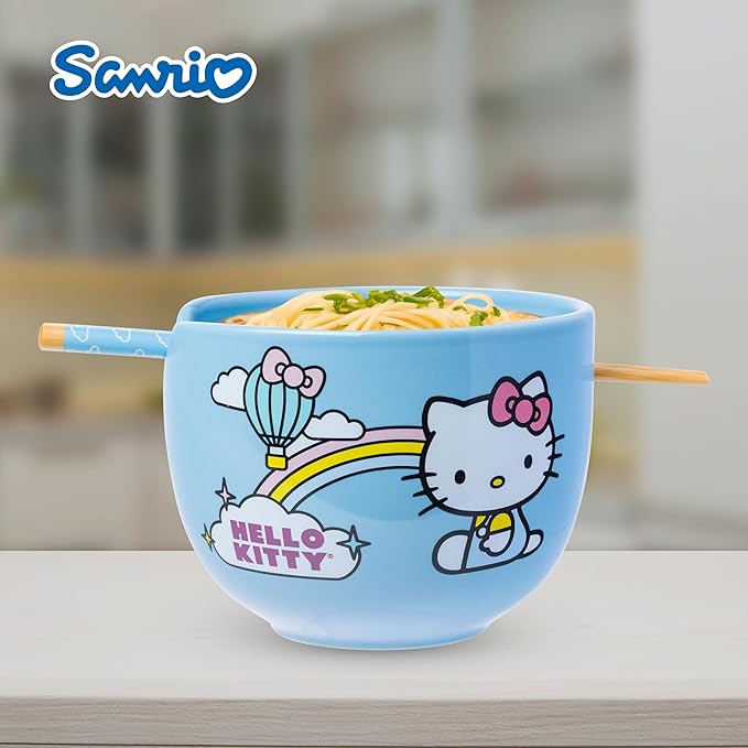 Silver Buffalo Sanrio Hello Kitty Rainbow Ceramic Ramen Bowl with Chopsticks, 20 Ounces