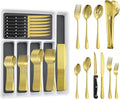 65PCS Gold Silverware Set for 10 with Cutlery Drawer Organizer, Stainless Steel Flatware Set with Steak Knives, Include Spoons and Forks Set & Serving Utensils, Mirror Polished