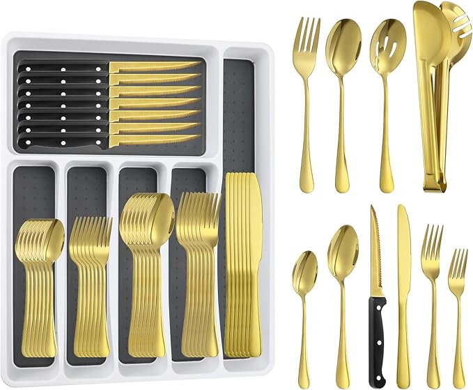 65PCS Gold Silverware Set for 10 with Cutlery Drawer Organizer, Stainless Steel Flatware Set with Steak Knives, Include Spoons and Forks Set & Serving Utensils, Mirror Polished