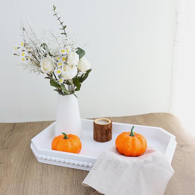 Hrastany White Wood Serving Tray with Beads, Farmhouse Decorative Tray for Table Centerpiece, Christmas Wedding Halloween Home Decor