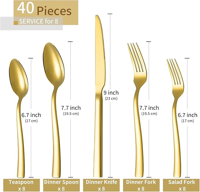 Gold Silverware Set, Briout 40 Piece Stainless Steel Flatware Cutlery Set Service for 8 Luxury Square Tableware Thick Knife Fork Spoon for Home Kitchen Restaurant Wedding, Mirror Polished