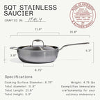 Made In Cookware | 5 Quart Stainless Steel Saucier Pan | 5 Ply Stainless Clad | Professional Cookware | Crafted in Italy | Induction Compatible