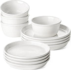 LE TAUCI Ceramic Plates and Bowls Set for 4, 12-Piece Ceramic Dinnerware Set, Farmhouse Dishes Set, Microwave & Dishwasher Safe, Stackable, 10" Dinner+8" Salad Plates+6" Bowls, White