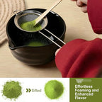 YOLIFE 7 Pcs Matcha Whisk Set, Includes Matcha Bowl with Spout, Bamboo Whisk (Chasen) with Ceramic Holder, Scoop and Powder Spoon, Sifter, Matcha Kit for Ceremony (Black)