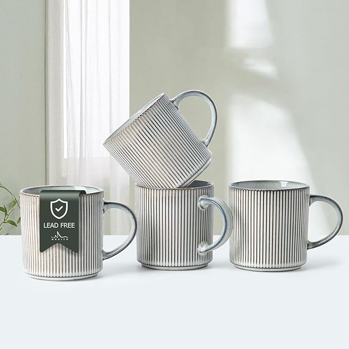 MONITO 16Oz Coffee Mugs Set of 4, Rustic Ceramic Coffee Cups Set with Large Handle, Vintage Striped Stoneware Coffee Mugs for Latte, Cocoa, Tea, Milk, Microwave & Dishwasher Safe, Smoky Blue