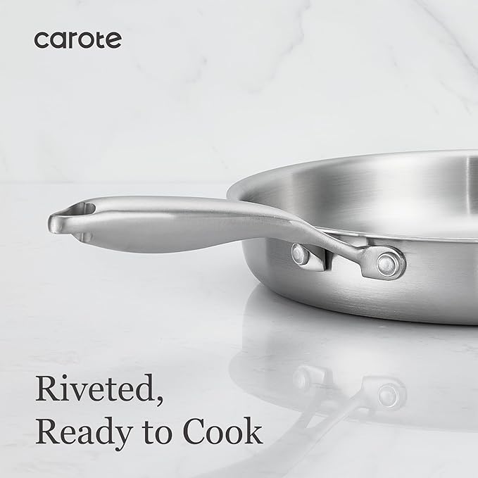 CAROTE 7-Piece Tri-Ply Stainless Steel Frying Pan Set, Skillet Set 8"/10"/12", Induction Compatible, Oven & Dishwasher Safe, Silver Handle
