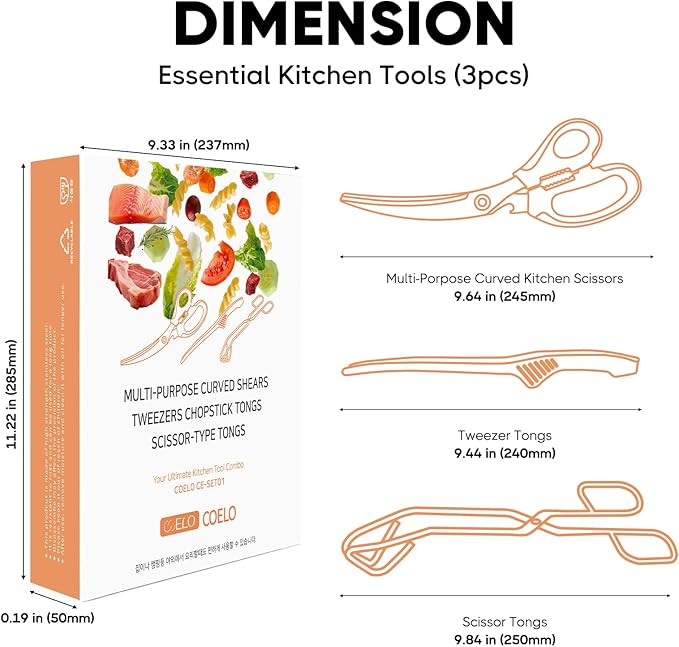 COELO Korean BBQ Kitchen Shears and Tongs Set | Multi-Purpose Kitchen Scissors, Tweezers, Scissor-Tongs for Cooking Chicken Meat Salad Barbecue Herb | Stainless Steel Comfort Handle Dishwasher Safe