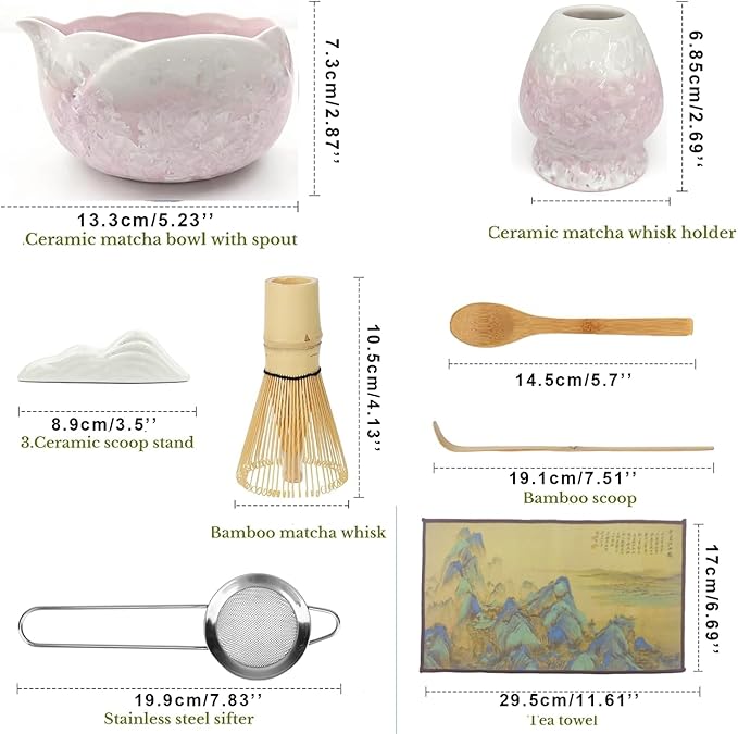 Matcha Whisk Set, Ceramic Matcha Set, Matcha Bowl with Spout and Whisk,8 pcs Matcha Tea Kit for Matcha Lovers, Ideal Gift Christmas, Birthday (Pink)