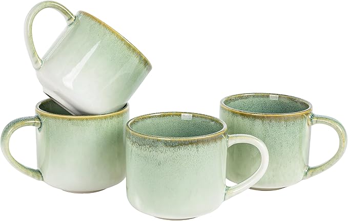 12 oz Ceramic Coffee Mugs Set of 4, Large Coffee Cups with Handles for Coffee, Tea, Cappuccino, Latte, Cocoa, Cereal, Mug Set Gift for Wedding, Microwave and Dishwasher Safe(Reactive Glaze Green)