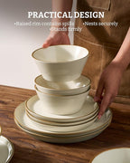 Famiware Saturn Stoneware Dinnerware Sets for 8 (24 Pieces), Ceramic Plates and Bowls Dish Sets with Hand-Painted Trim - Chip & Scratch Resistant, Microwave & Dishwasher Safe Tableware, Vanilla White