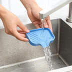 MicoYang Silicone Bathroom Soap Dishes with Drain Spout-Bathroom and Kitchen Sink Organizer,Sponge Holder,Dish Soap Tray,Perfect for Dispenser,Scrubber,Bottle,Cup on Counter Lichen Blue 4.9"×3.2"
