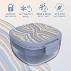 Bentgo Glass Prints Salad Container - 7.6-Cup Tinted Glass Salad Bowl with Airtight Lid, Leak-Proof Sauce Container, 4-Compartment Bento Meal Prep Tray & Reusable Fork (Wildly Chic - Soft Blue)