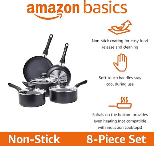Amazon Basics Ceramic Non-Stick Cookware 8-Piece Set, Pots and Pans, Black