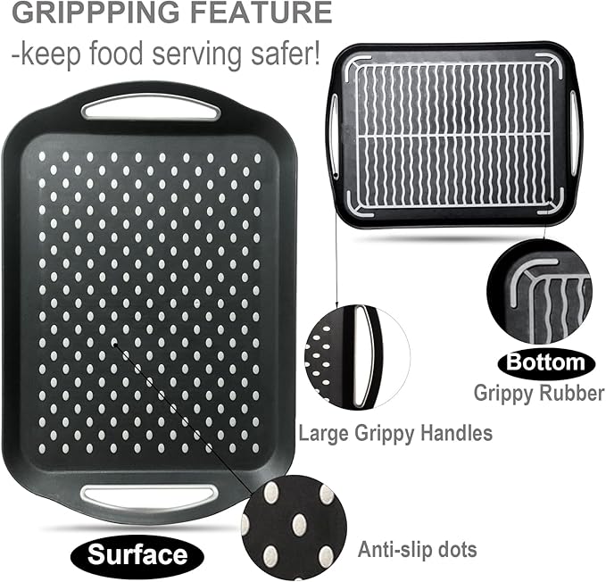 ECOIOU Larger Nonslip Food Serving Tray, 17.9'' x 12'' Grippy Handles Surface Bottom Design, Perfect Trays for Eating, Lap, TV, Couch, Black, Set of 2