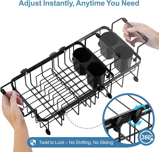 iSPECLE Small Sink Dish Drying Rack with Silicone Mat, 9" W Expandable Compact Rust Resistant Dish Drainer for RV Apartment Kitchen, Dish Rack with Lock Knob, Arms with Non Slip Rubber, Black