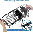iSPECLE Small Sink Dish Drying Rack with Silicone Mat, 9" W Expandable Compact Rust Resistant Dish Drainer for RV Apartment Kitchen, Dish Rack with Lock Knob, Arms with Non Slip Rubber, Black