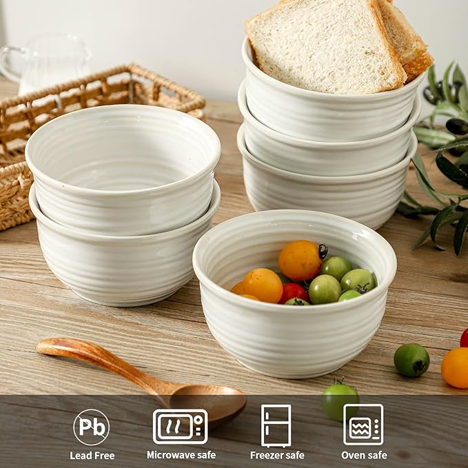 Ceramic Soup Bowls Set of 6, 20 Ounce Deep Creamy White Cereal Bowls, Microwave & Dishwasher Safe, Perfect for Oatmeal, Pasta, Salad, Dessert & Breakfast