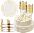 Liacere 350PCS Ivory Plastic Plates-Cream Disposable Plates With Gold Rim-50Guest Baroque Plastic Dinnerware include 100 Plates - 50 Pack Pre Rolled Napkins Silverware 50Cups for Wedding＆Mother's Day