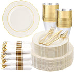 Liacere 350PCS Ivory Plastic Plates-Cream Disposable Plates With Gold Rim-50Guest Baroque Plastic Dinnerware include 100 Plates - 50 Pack Pre Rolled Napkins Silverware 50Cups for Wedding＆Mother's Day