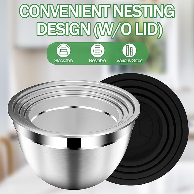 Mixing Bowls with Lids Set, Stainless Steel Mixing Bowls with Colander, Strainer with Mixing Bowl Set, Serving Bowl Kitchen Gift, Size 4.5, 2.5, 2, 1.5QT - Black